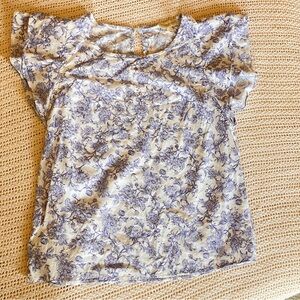 Blue Floral Ruffle Sleeve Linen Blend Blouse